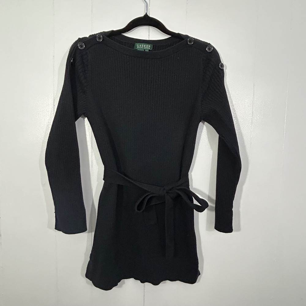 Lauren‎ Ralph Lauren Black Ribbed Cotton Tunic Sweater Belted Button Shoulder M